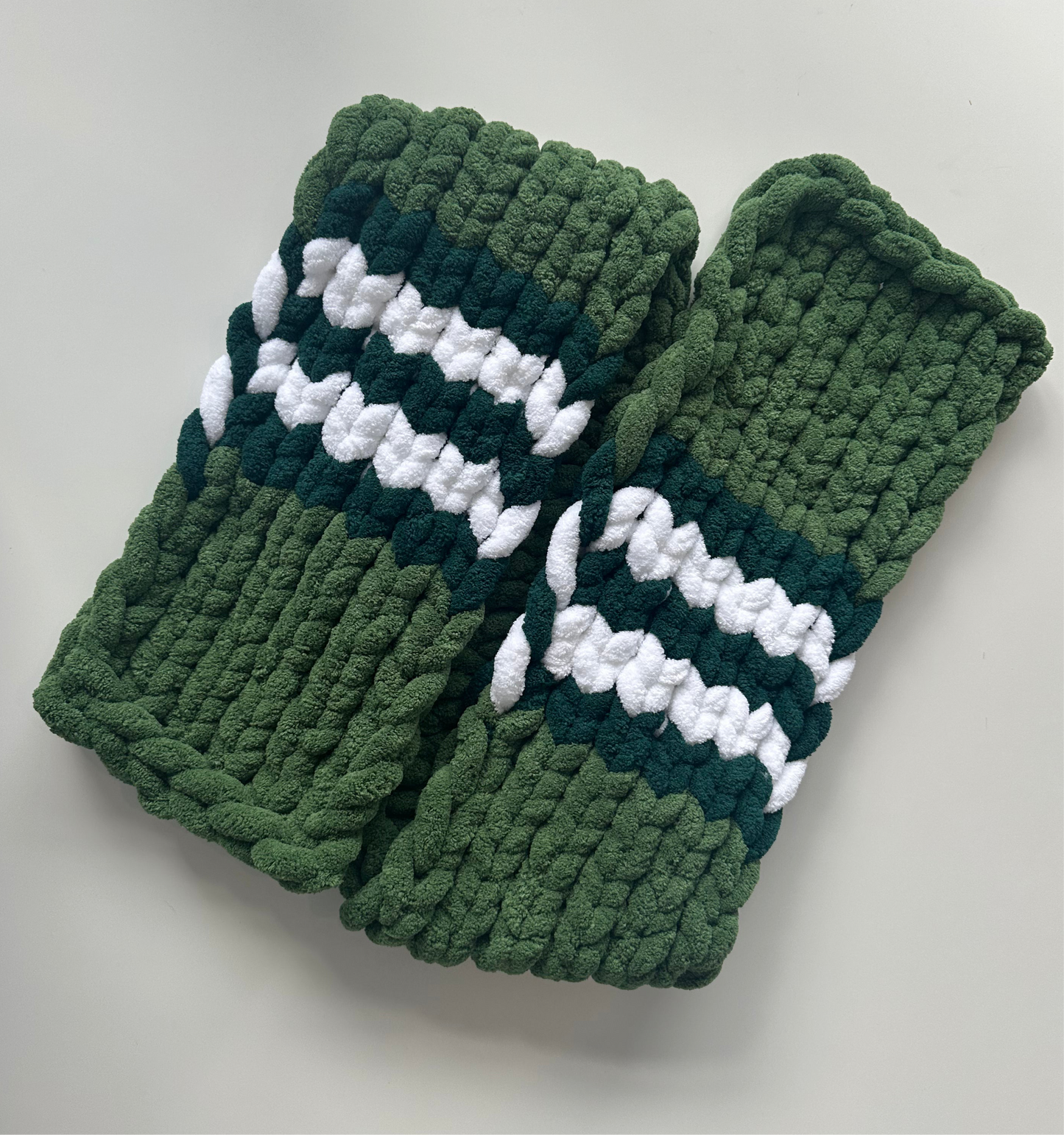 Chunky Knit Scarf Green, Sage & White